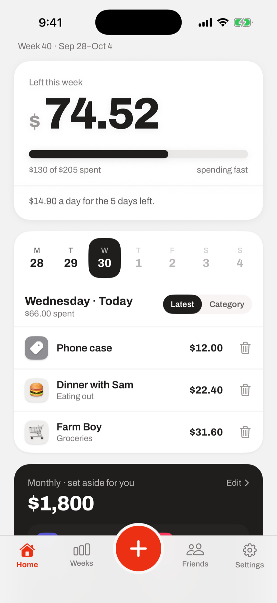 Neutral's home screen, showing the amount left this week above today's list of purchases